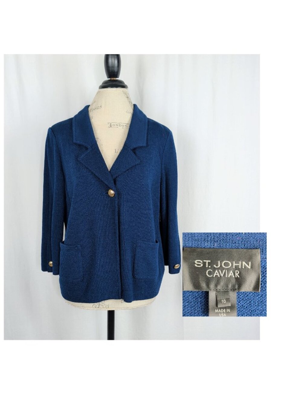 St John Caviar Blue Knit Coat Blazer 10 Medium Santana Short